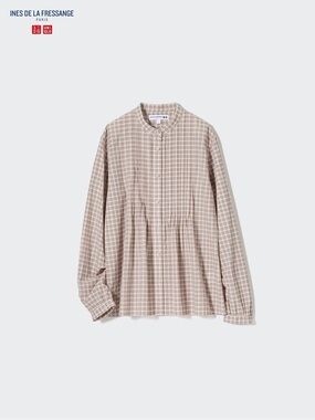 Uniqlo Beige Plaid Band-Collar Tunic